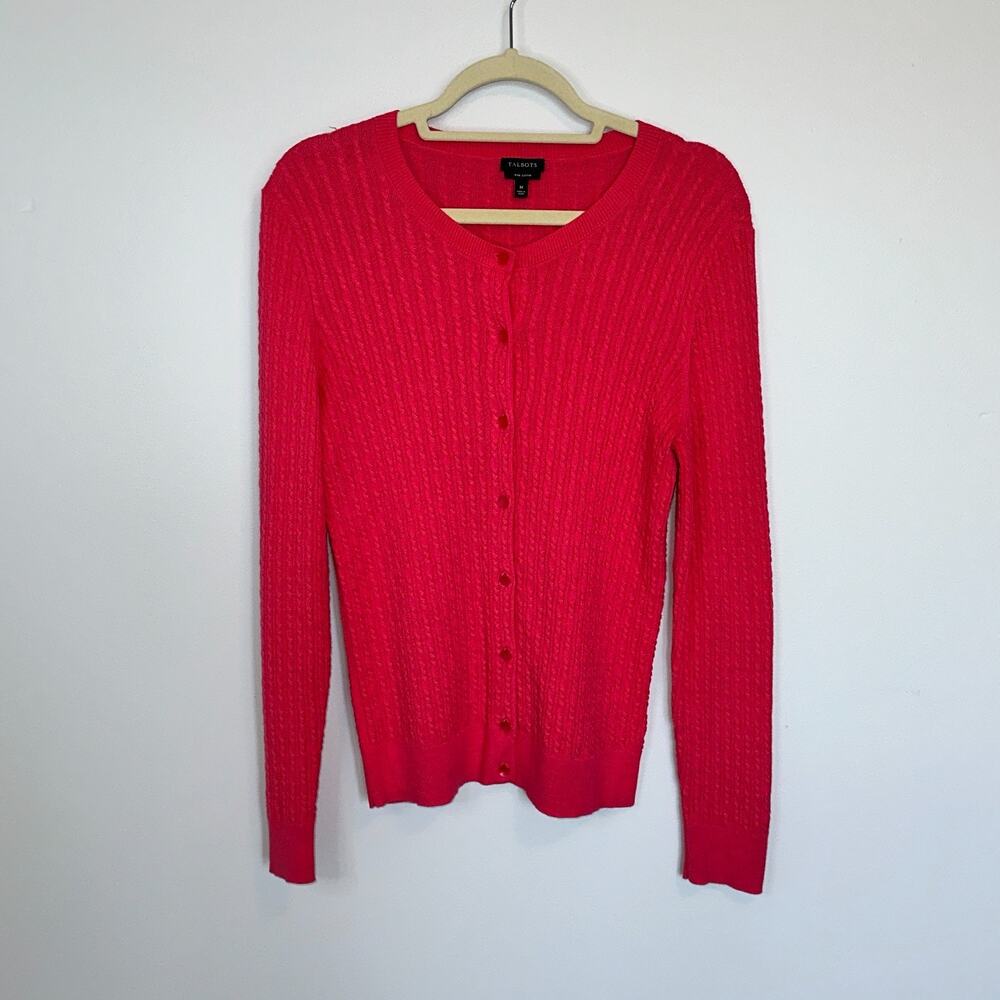 Talbots Womens Cable Knit Cardigan Size M Button Down Pink Pima Cotton Career